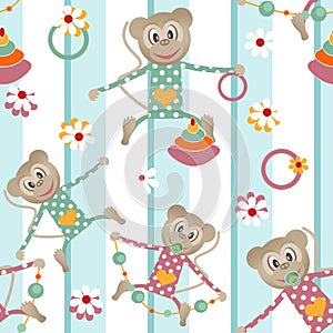 Illustration of seamless pattern with colorful toys monkey backg