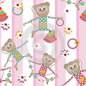 Illustration of seamless pattern with colorful toys monkey backg