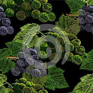 Illustration of Seamless pattern embroidery, needlework with a bunch, cluster of grapes with a green leaf. Necklace of