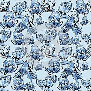 Illustration of seamless pattern First Snowdrops Galanthus Flowers. with watrcolor effects. Spring background, wallpaper