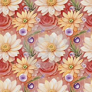 Illustration of a seamless pattern of flowers and water drops on fabric.