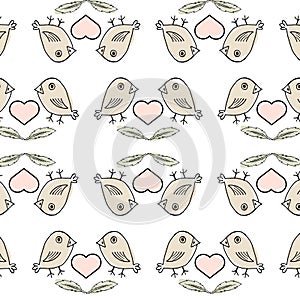 illustration, seamless pattern, hand drawn abstract gray birds on a background of pink hearts and feathers, gentle pastel shades