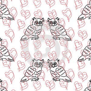 illustration, seamless pattern, hand drawn owl birds on the background of hearts, gentle pastel shades, for linen, textiles
