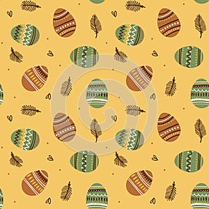 Illustration of a seamless pattern painted eggs on a yellow background.