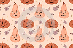 Illustration of seamless pattern with pumpkins. Festive pumpkins with funny faces on a beige background. Leaves and