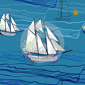 Illustration of seamless pattern with sailing-ship on water. Drawing boat on the blue sea with wave.