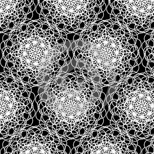 illustration, seamless pattern, white abstract ethnic flowers on a black background, lace, mandala