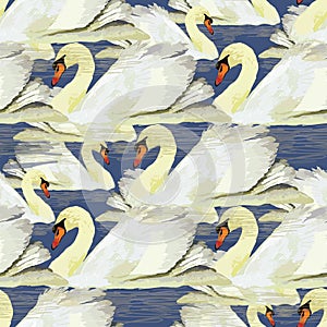 Illustration of seamless pttern with swan on blue background
