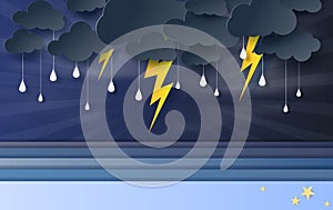 illustration of seascape view with black cloud and yellow lighting on blue sky.Rainy season in sea with storm lightning,3D paper