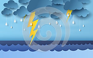 Illustration of seascape view with black cloud and yellow lighting on blue sky.Rainy season in sea with storm lightning,3D paper