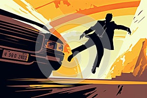 Illustration of a secret agent escaping from a pursuing vehicle, jumping over obstacles , exemplifying their resourcefulness and