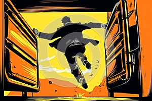 Illustration of a secret agent escaping from a pursuing vehicle, jumping over obstacles , exemplifying their resourcefulness and