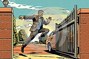 Illustration of a secret agent escaping from a pursuing vehicle, jumping over obstacles , exemplifying their resourcefulness and