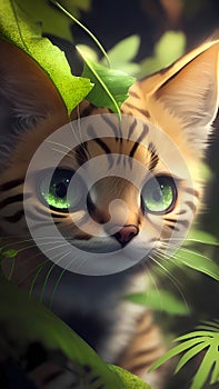 Close up portrait of cute baby Sand cat, tropical forest, Highly Detailed Illustration