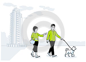 Illustration of senior couple walking their dog with a tower apartment in the background.Residential tower apartment