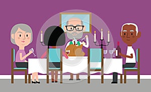 Illustration Of Senior Friends Having Dinner Party At Home