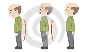 Illustration of before and after of a senior man with a bent back