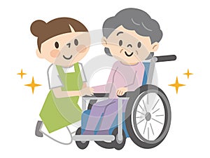 Illustration of a senior woman in a smiling wheelchair and a caregiver woman snuggling up