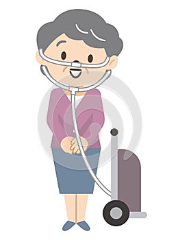 Illustration of a senior woman traveling with a portable oxygen cylinder