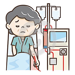 Illustration of a senior woman undergoing hemodialysis