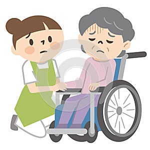 Illustration of a senior woman in a wheelchair with depressed emotions and a caregiver woman snuggling up