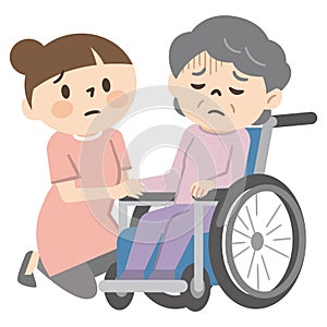 Illustration of a senior woman in a wheelchair with depressed emotions and a woman snuggling up