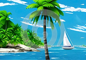 Illustration of Serene Sailboat and Palm-Fringed Island Oasis with Crystal-Clear Blue Waters and Lush Green Palm Trees