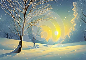 Illustration of a Serene Sunset Over Snowy Trees in a Winter Wonderland