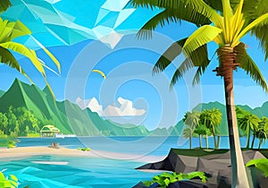 Illustration of a Serene Tropical Island with on clear Blue Waters And Palm Trees