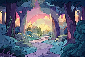 Illustration of a serene twilight forest scene with shades of purple and pink in the sky, creating a calm and