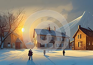 Illustration of a Serene Winter Landscape: Snowy Town with Charming Houses and Trees