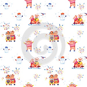Illustration series Winter Holidays Pigs. X-mas seamless pattern