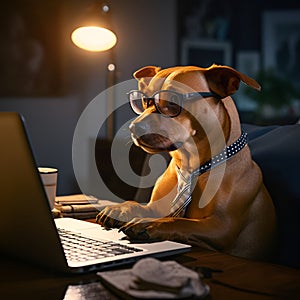 Illustration of a serious dog working on a laptop at a late hour managing deadline at work. American pit bull terrier dog looking