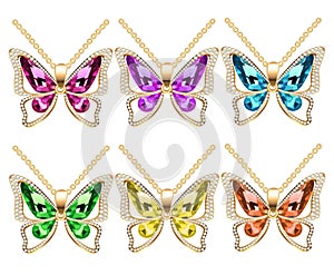 Illustration  set of butterfly pendants with precious stones isolated on white background