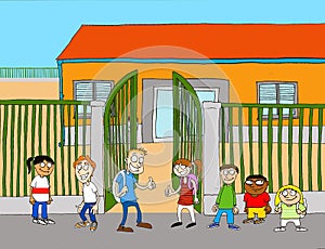 Illustration of a set of children at the door of a school