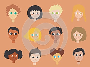 Illustration of a set of children faces from different nacionalities and skin colors - Racism and equality concept