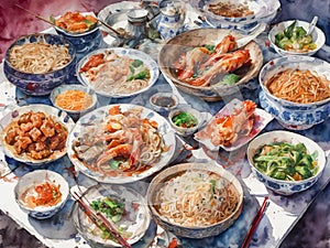 Illustration of a set of Chinese dishes