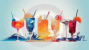Illustration of a set of cocktails on a background of the sea