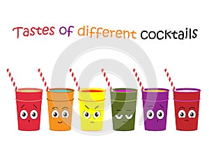 Illustration of a set of cocktails with different flavors. Reaction to different cocktails. Vector illustration.