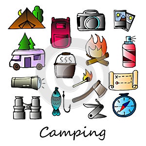 illustration, set of colored icons of camping