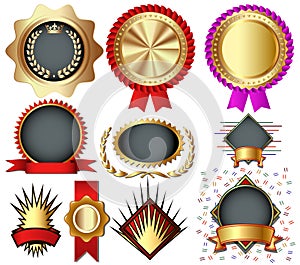 set of colorful holiday medals, labels, seals with crown, ribbons and rays