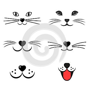 Illustration of a set of cute varied faces of cats with mustaches