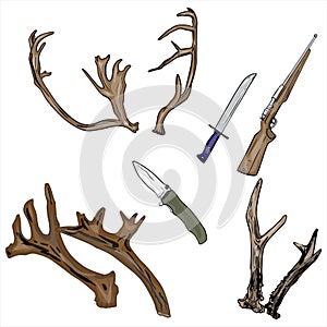 illustration of a set of deer antlers, a gun isolated on a white background. Doodle hunting for printing on paper, logo,