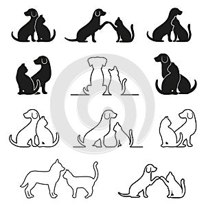Illustration set of different silhouettes of a dog and a cat