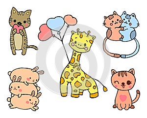 Illustration, set of drawn cute loving animals. Kittens, giraffe, rabbits for birthday cards and St. Valentines Day,