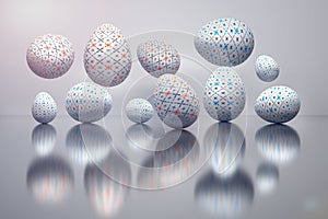 Illustration of a set of easter eggs with subtile geometric patterns over the reflective surface in pastel colors.