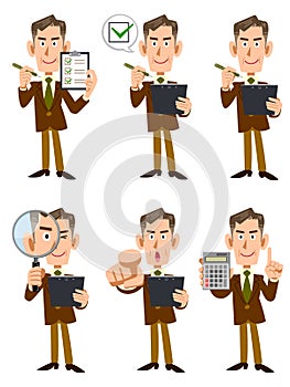 Illustration set of elderly businessmen with checklists and magnifying glass