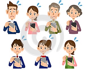 Illustration set of a family operating a smartphone with a troubled face