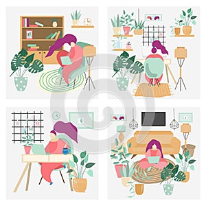 Illustration set of girls sitting in a chair and working at a laptop, room is furnished with comfortable furniture and plants