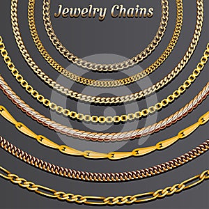 Illustration of a set of gold jewelry chains. creative background frame